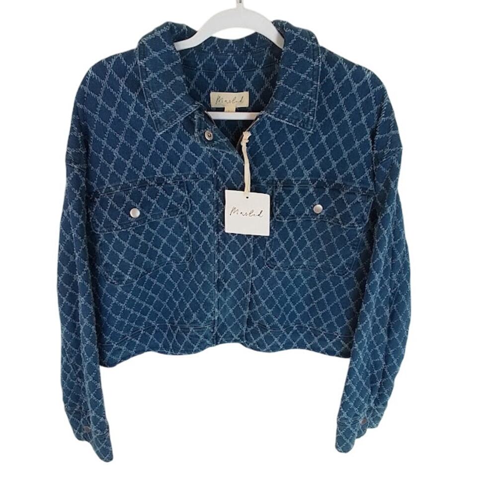 Marled By Reunited Cropped Quilted Denim Jacket Blue Diamond Pattern Women L NWT